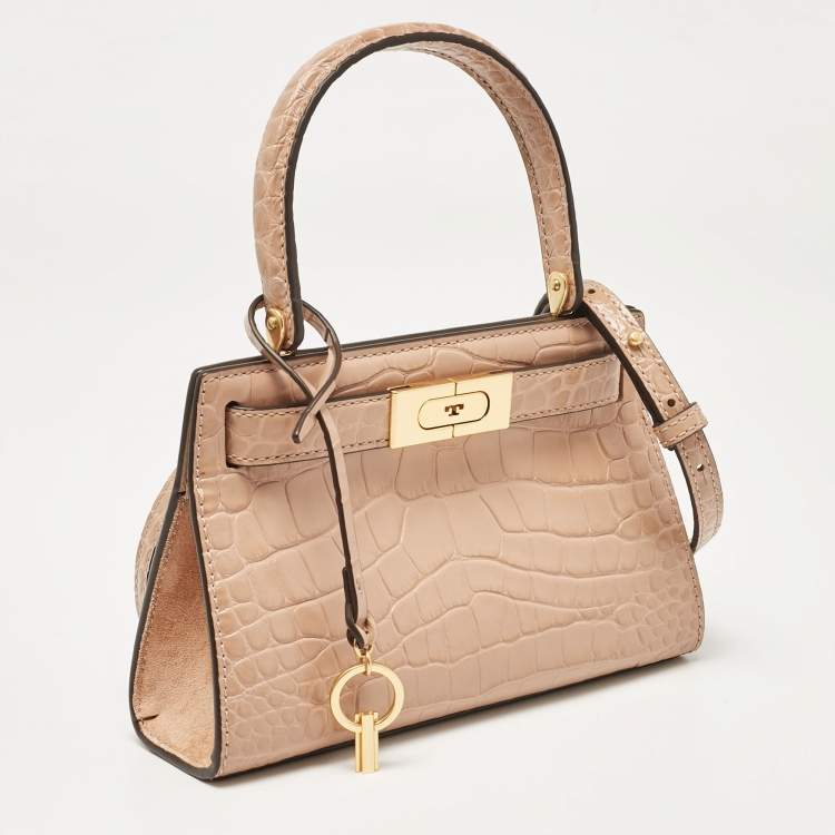 Pre Owned Tory Burch Beige Croc Embossed Leather Petite Lee Radziwill Top Handle Bag