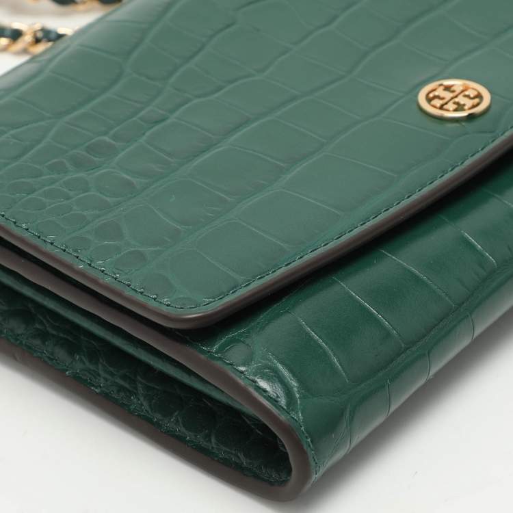Pre Owned Tory Burch Green Croc Embossed Leather Robinson Wallet On Chain