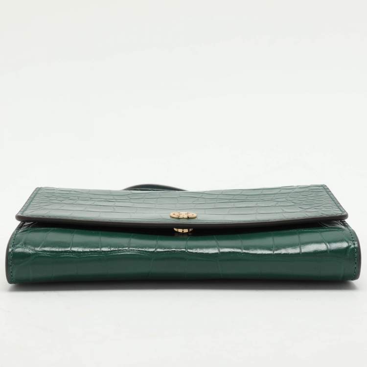 Pre Owned Tory Burch Green Croc Embossed Leather Robinson Wallet On Chain