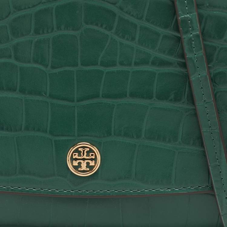 Pre Owned Tory Burch Green Croc Embossed Leather Robinson Wallet On Chain