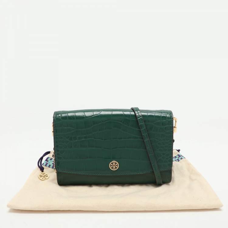 Pre Owned Tory Burch Green Croc Embossed Leather Robinson Wallet On Chain