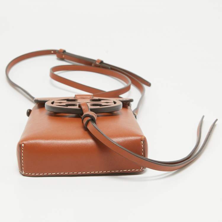 Pre Owned Tory Burch Brown Leather Miller Phone Crossbody Bag