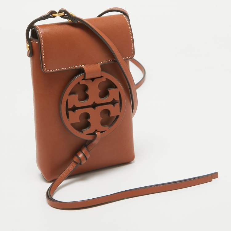 Pre Owned Tory Burch Brown Leather Miller Phone Crossbody Bag