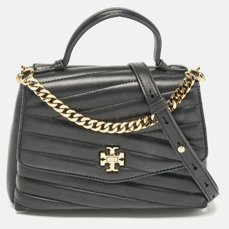 Pre Owned Tory Burch Black Chevron Leather Kira Top Handle Bag