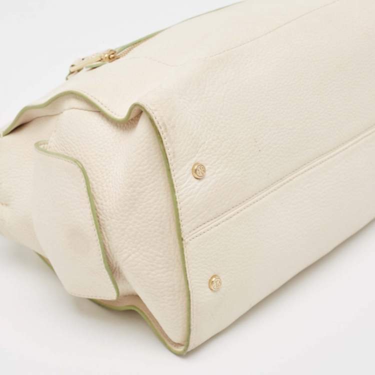 Pre Owned Tory Burch Off White Leather Side Pockets Satchel