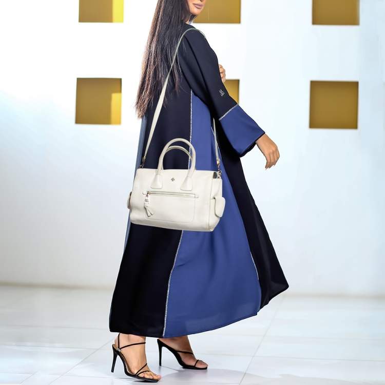 Pre Owned Tory Burch Off White Leather Side Pockets Satchel