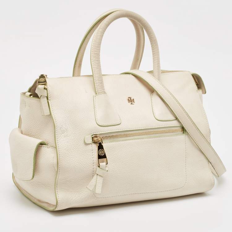 Pre Owned Tory Burch Off White Leather Side Pockets Satchel