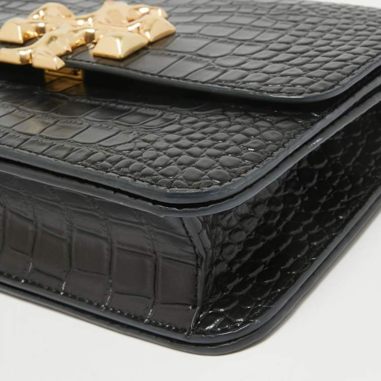 Pre Owned Tory Burch Black Croc Embossed Leather Eleanor Shoulder Bag