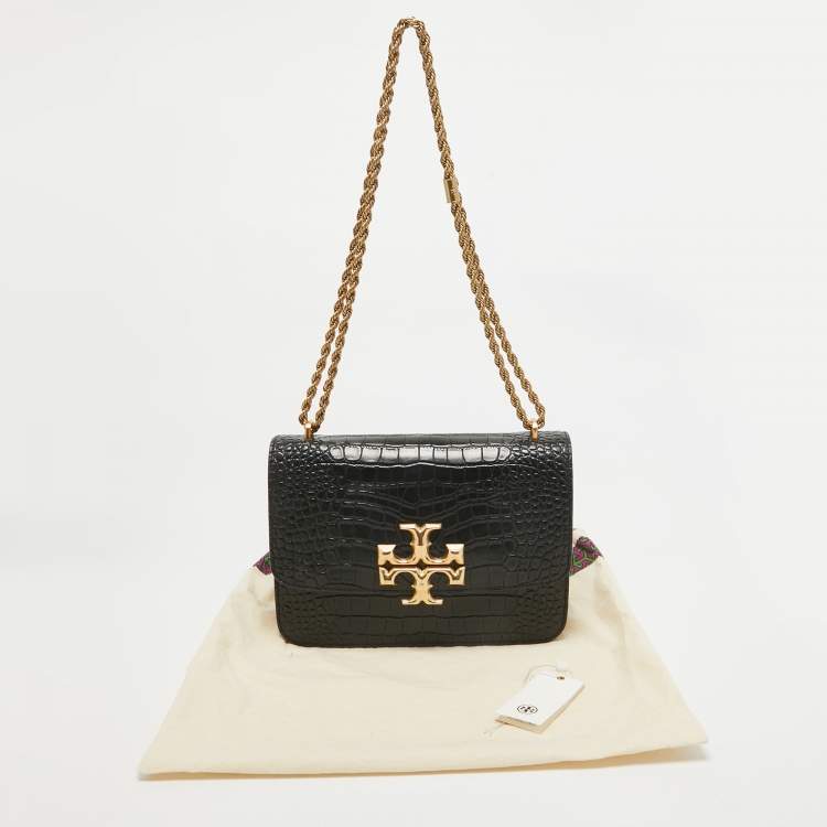 Pre Owned Tory Burch Black Croc Embossed Leather Eleanor Shoulder Bag
