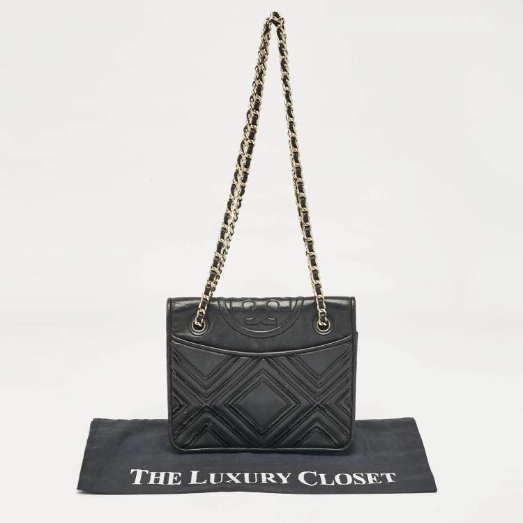 Pre Owned Tory Burch Black Leather Medium Fleming Shoulder Bag