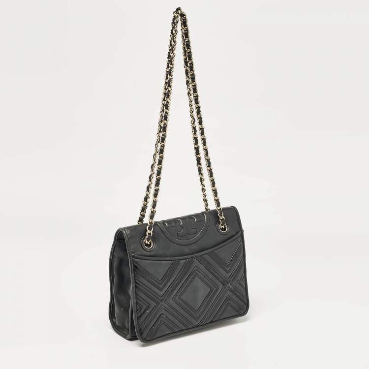 Pre Owned Tory Burch Black Leather Medium Fleming Shoulder Bag