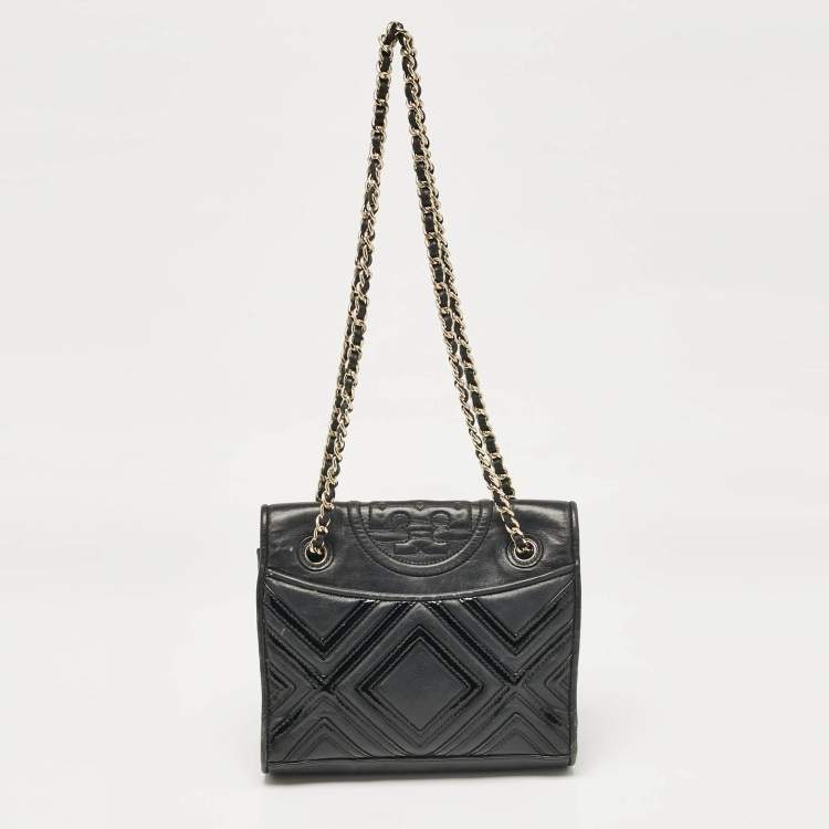Pre Owned Tory Burch Black Leather Medium Fleming Shoulder Bag