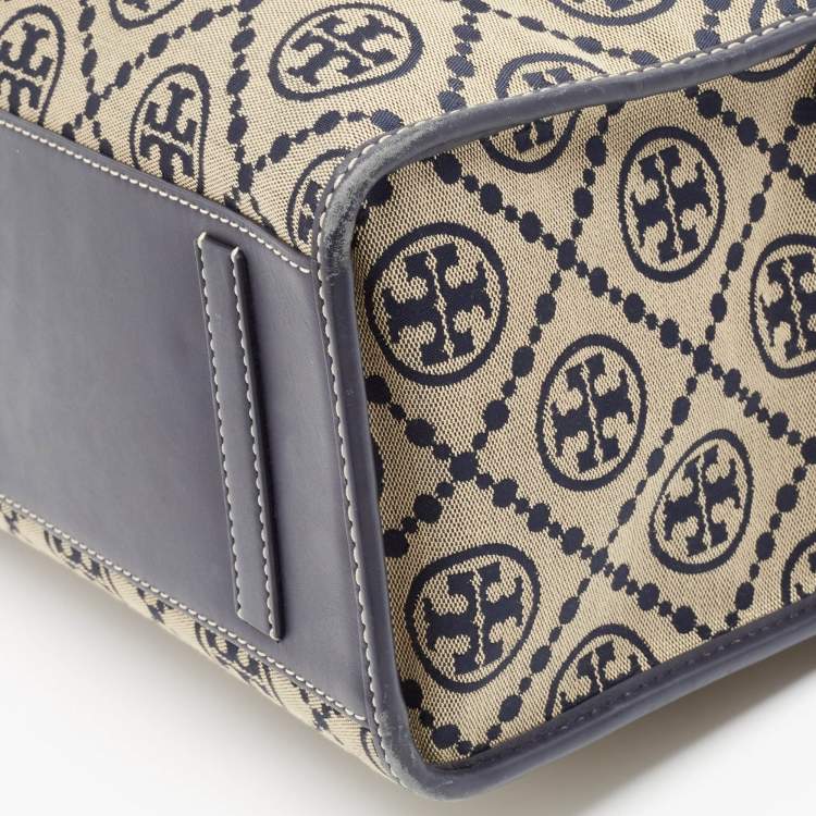 Pre Owned Tory Burch Navy Blue Canvas and Leather T Monogram Tote
