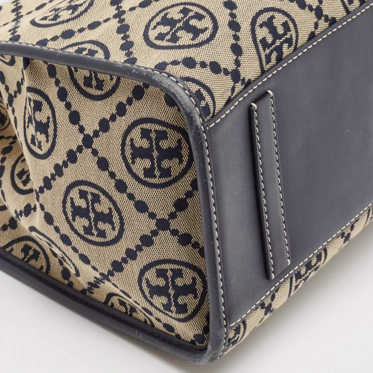 Pre Owned Tory Burch Navy Blue Canvas and Leather T Monogram Tote