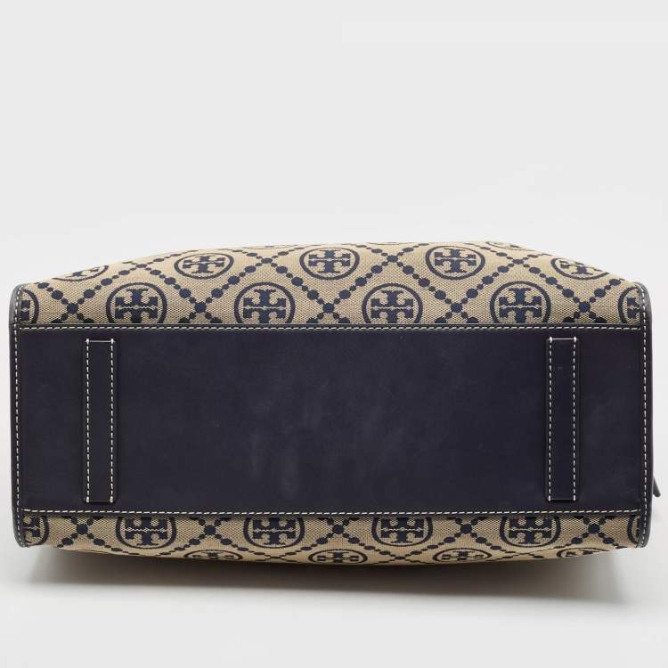 Pre Owned Tory Burch Navy Blue Canvas and Leather T Monogram Tote