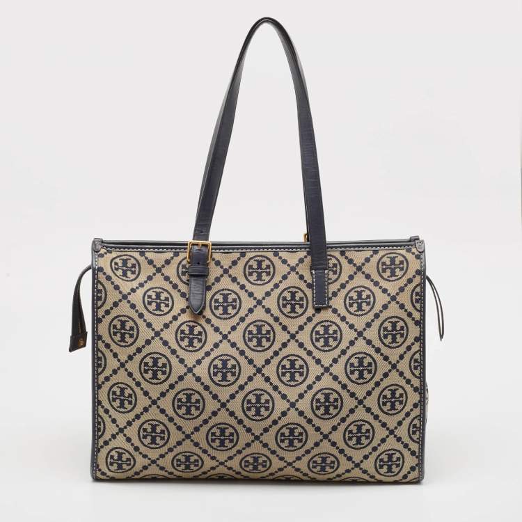 Pre Owned Tory Burch Navy Blue Canvas and Leather T Monogram Tote