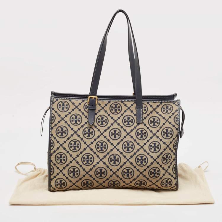 Pre Owned Tory Burch Navy Blue Canvas and Leather T Monogram Tote