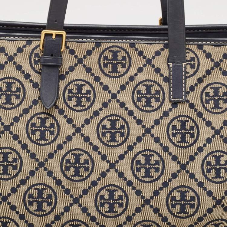 Pre Owned Tory Burch Navy Blue Canvas and Leather T Monogram Tote