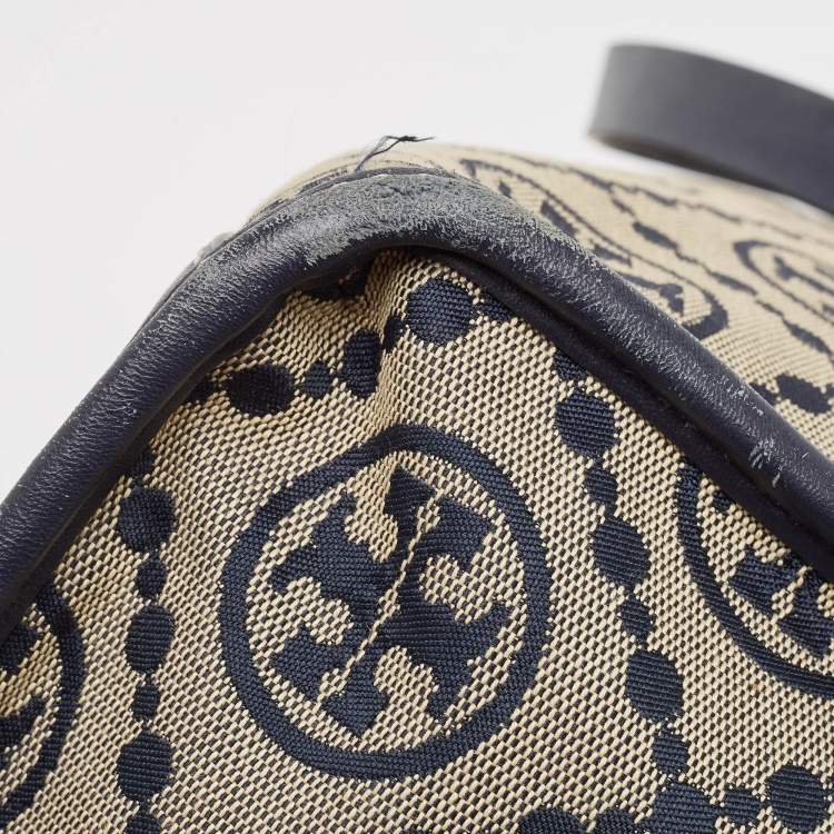 Pre Owned Tory Burch Navy Blue Canvas and Leather T Monogram Tote
