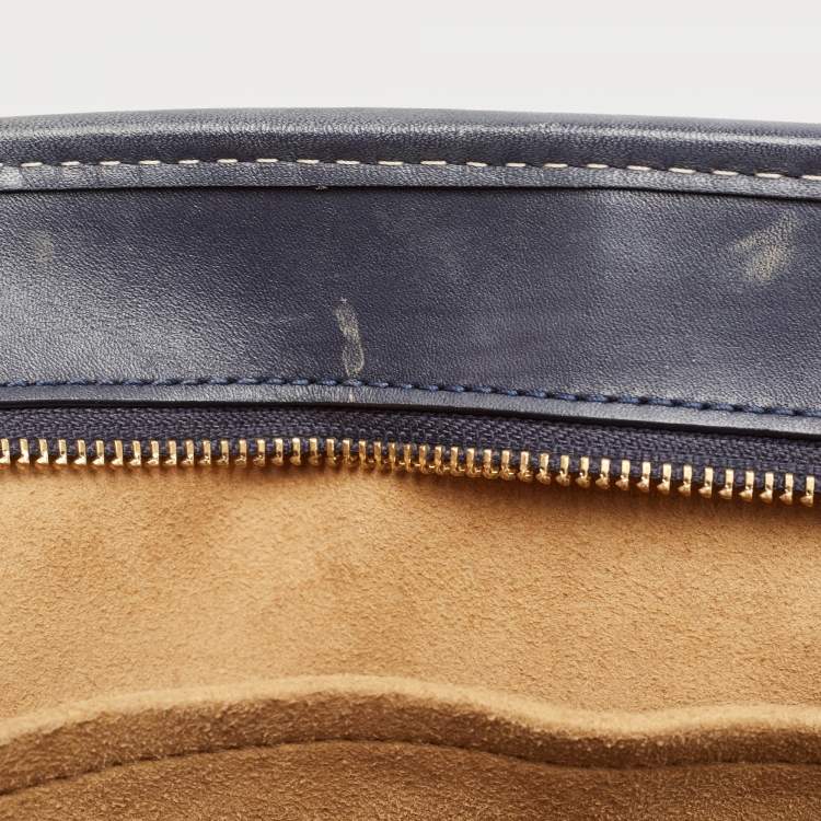 Pre Owned Tory Burch Navy Blue Canvas and Leather T Monogram Tote