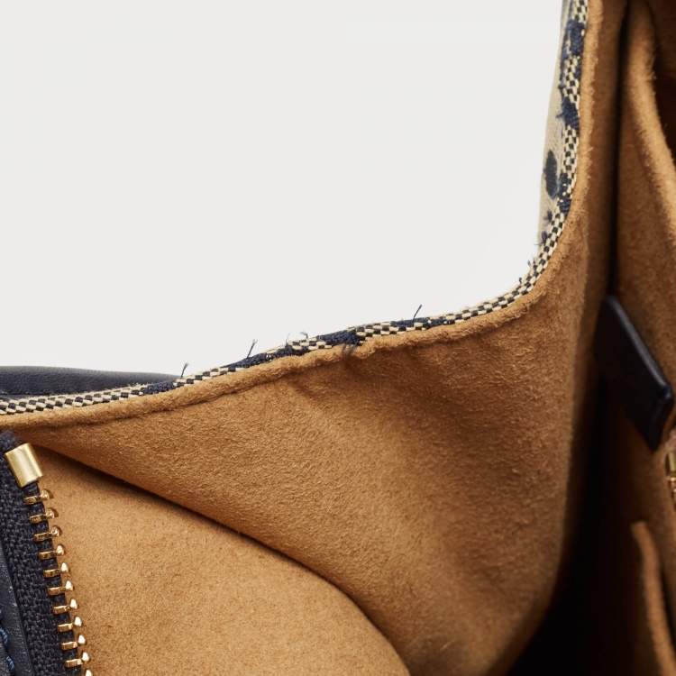 Pre Owned Tory Burch Navy Blue Canvas and Leather T Monogram Tote