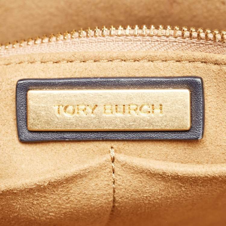 Pre Owned Tory Burch Navy Blue Canvas and Leather T Monogram Tote