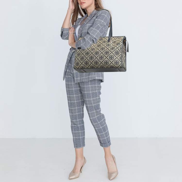 Pre Owned Tory Burch Navy Blue Canvas and Leather T Monogram Tote