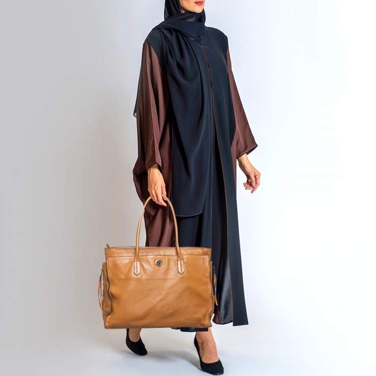 Pre Owned Tory Burch Brown Soft Leather Side Zip Tote