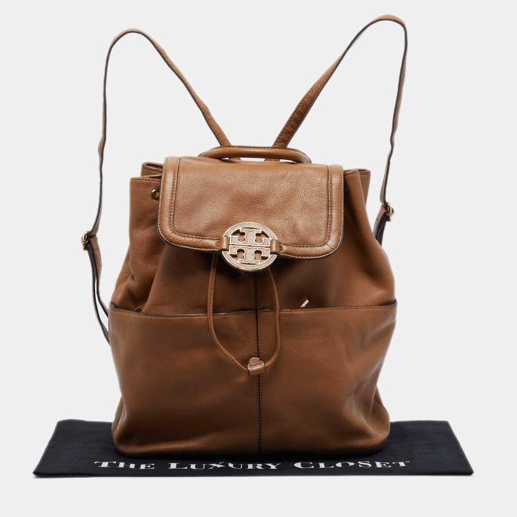 Pre Owned Tory Burch Brown Leather Drawstring Flap Backpack