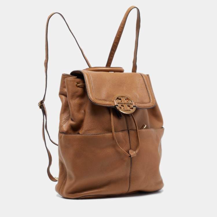 Pre Owned Tory Burch Brown Leather Drawstring Flap Backpack