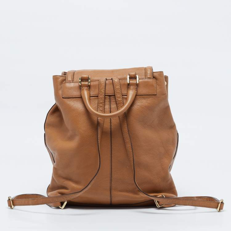 Pre Owned Tory Burch Brown Leather Drawstring Flap Backpack