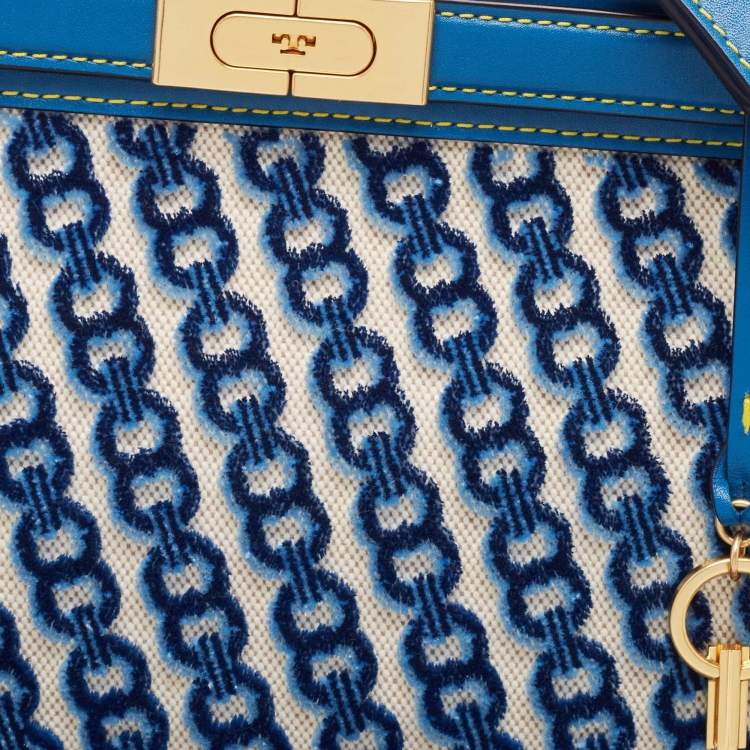 Pre Owned Tory Burch Blue Canvas and Velvet Small Lee Radziwill Top Handle Bag