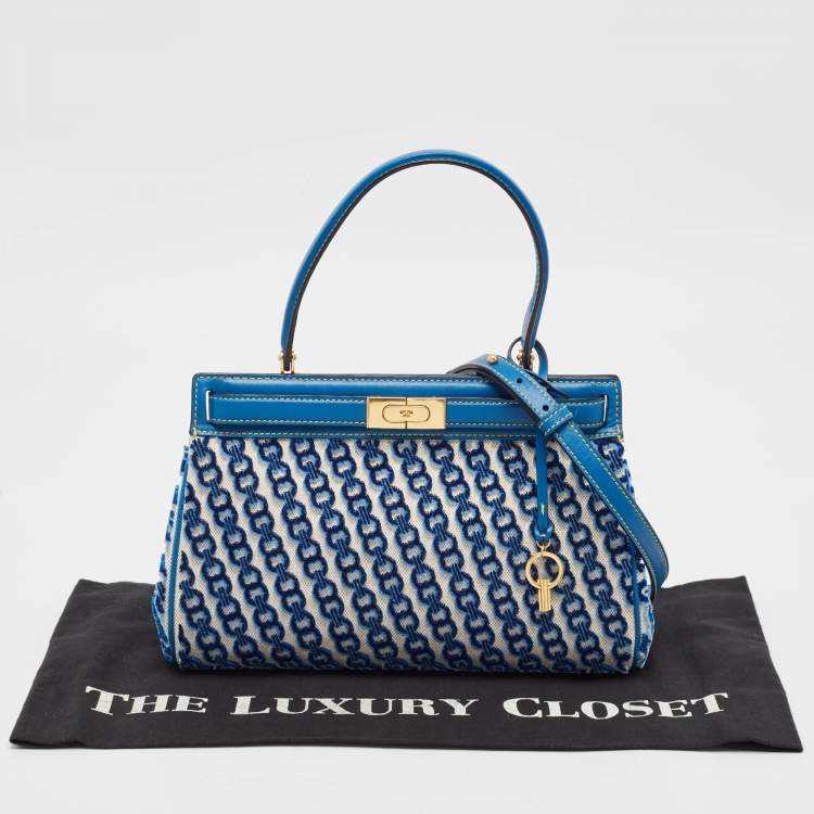 Pre Owned Tory Burch Blue Canvas and Velvet Small Lee Radziwill Top Handle Bag