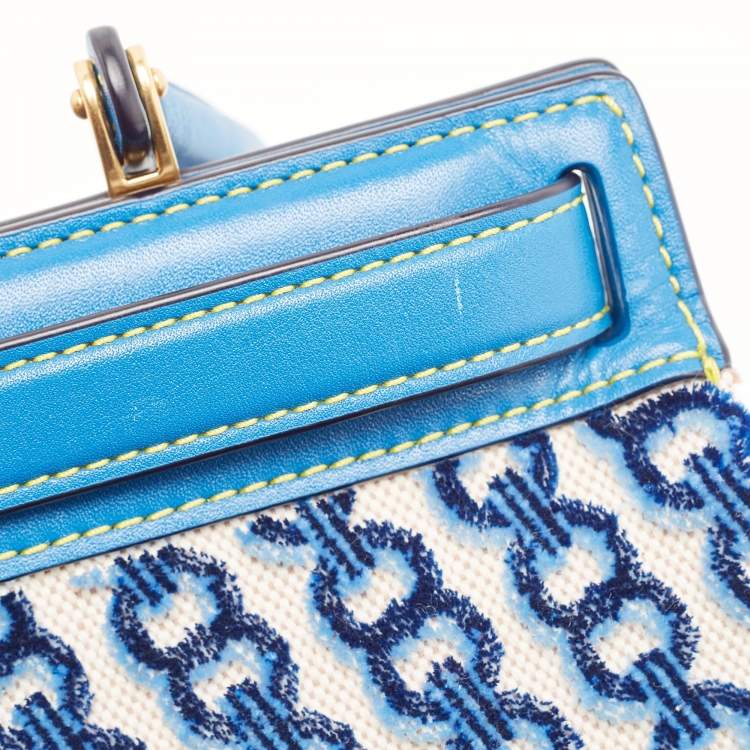 Pre Owned Tory Burch Blue Canvas and Velvet Small Lee Radziwill Top Handle Bag