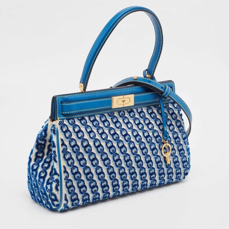 Pre Owned Tory Burch Blue Canvas and Velvet Small Lee Radziwill Top Handle Bag