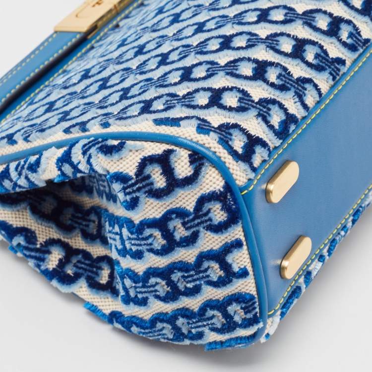 Pre Owned Tory Burch Blue Canvas and Velvet Small Lee Radziwill Top Handle Bag