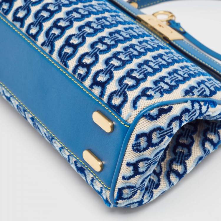 Pre Owned Tory Burch Blue Canvas and Velvet Small Lee Radziwill Top Handle Bag