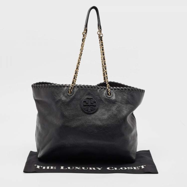 Pre Owned Tory Burch Black Leather Whipstitch Marion Tote