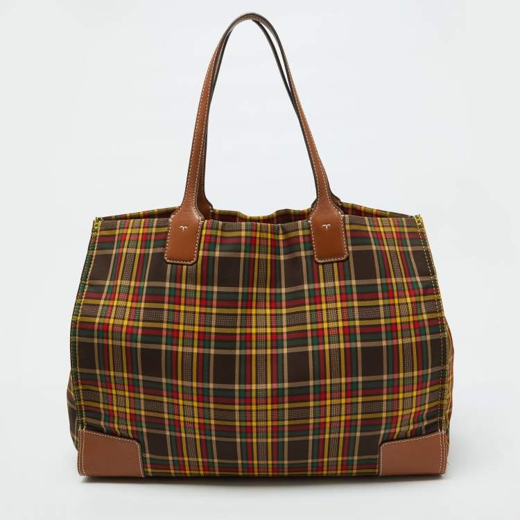 مملوكة مسبقًا Tory Burch Multicolor Plaid Fabric and Leather Ella Shopper Tote
