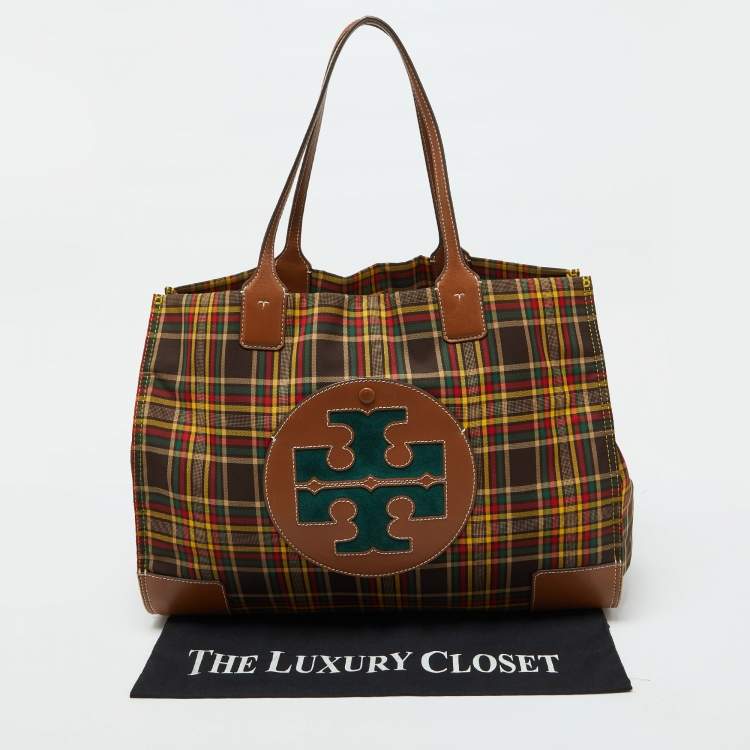مملوكة مسبقًا Tory Burch Multicolor Plaid Fabric and Leather Ella Shopper Tote