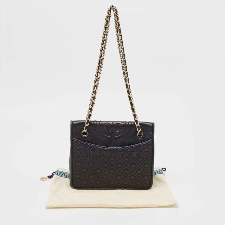 Pre Owned Tory Burch Black Leather Medium Fleming Shoulder Bag