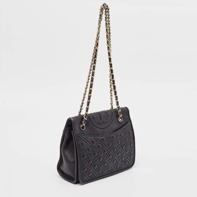 Pre Owned Tory Burch Black Leather Medium Fleming Shoulder Bag