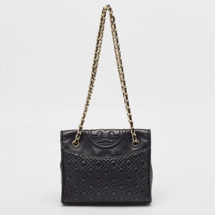 Pre Owned Tory Burch Black Leather Medium Fleming Shoulder Bag