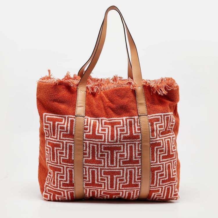 Pre Owned Tory Burch Orange/White Terry Cloth and Leather Printed Tote