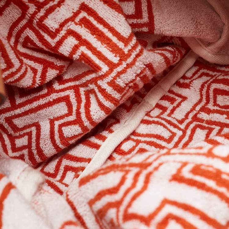 Pre Owned Tory Burch Orange/White Terry Cloth and Leather Printed Tote