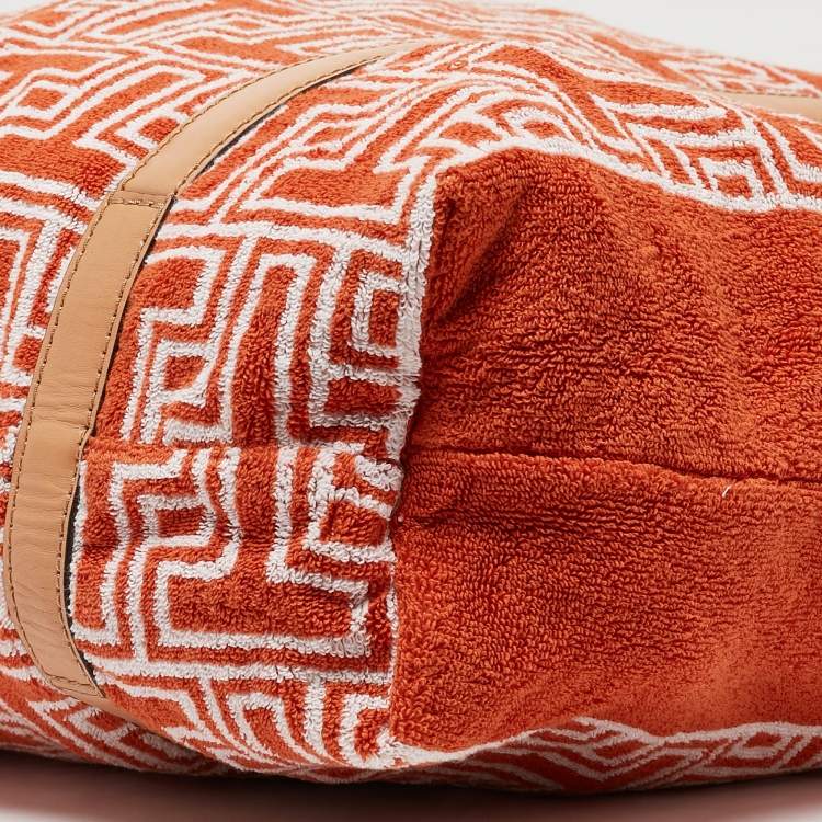 Pre Owned Tory Burch Orange/White Terry Cloth and Leather Printed Tote