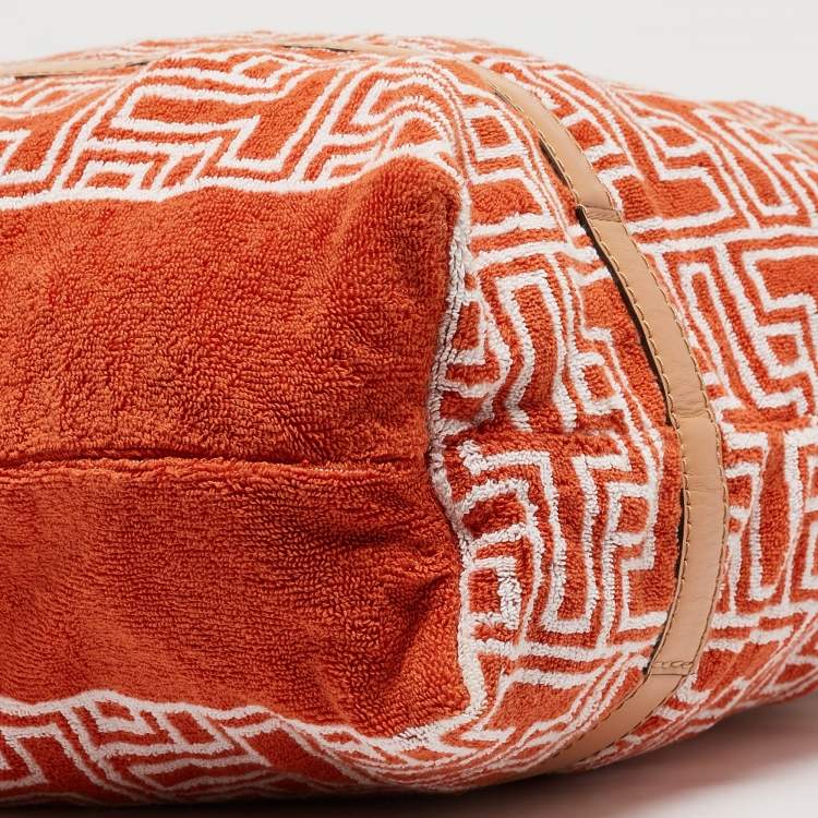 Pre Owned Tory Burch Orange/White Terry Cloth and Leather Printed Tote