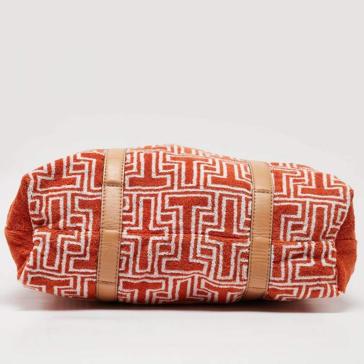 Pre Owned Tory Burch Orange/White Terry Cloth and Leather Printed Tote