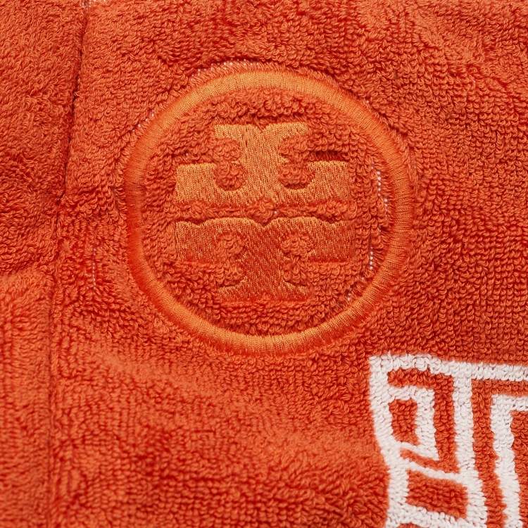 Pre Owned Tory Burch Orange/White Terry Cloth and Leather Printed Tote