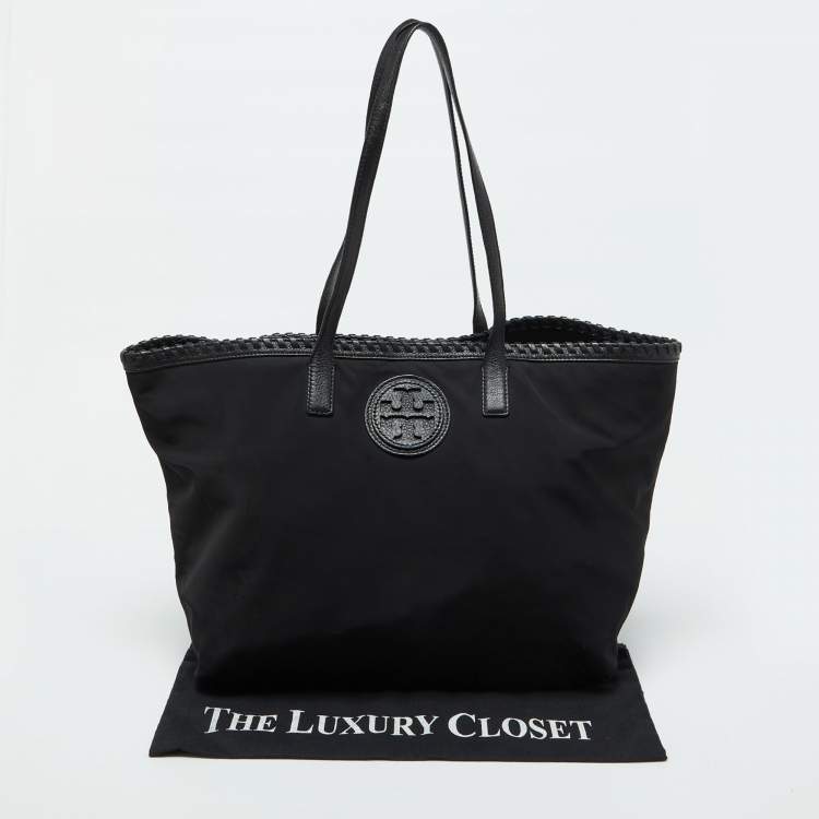 Pre Owned Tory Burch Black Nylon and Leather Marion Logo Whipstitch Tote